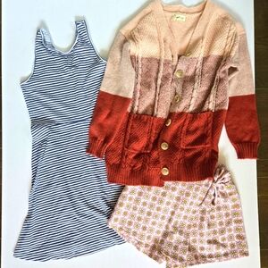 Girls 10/12 mini bundle, striped skater dress, 70s floral skort, button sweater